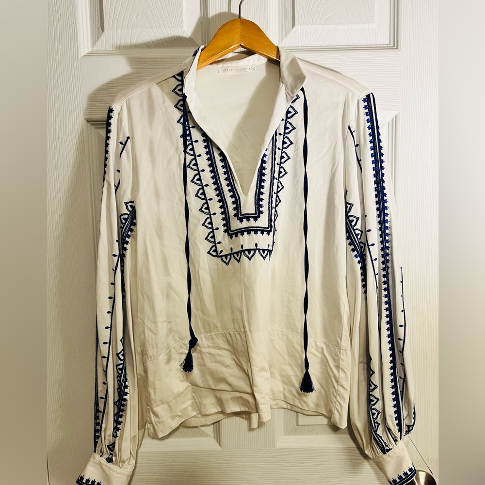 Embroidered White and Blue Women's Blouse. Size Small